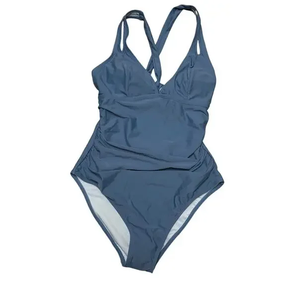 Cupshe Blue One Piece Swimsuit Ruched Cutout Back Size M NWT - Picture 2 of 10